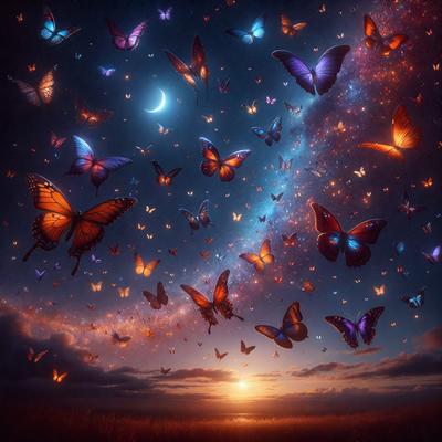 Primary subject: Butterflies
Setting/background: Sky
Visual style: Digital art
Colors and mood: Vibrant, lively, and serene